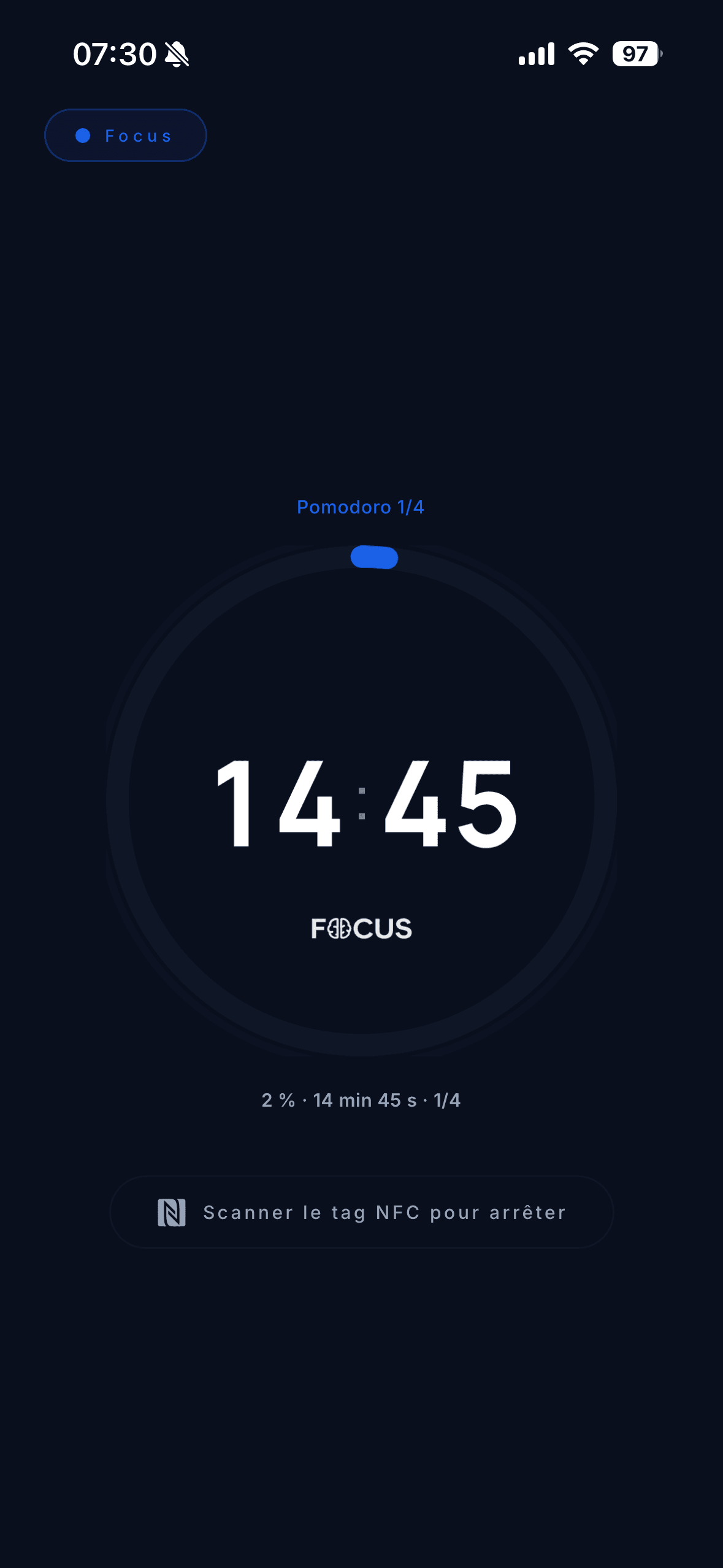 Session Pomodoro en cours, mode sombre